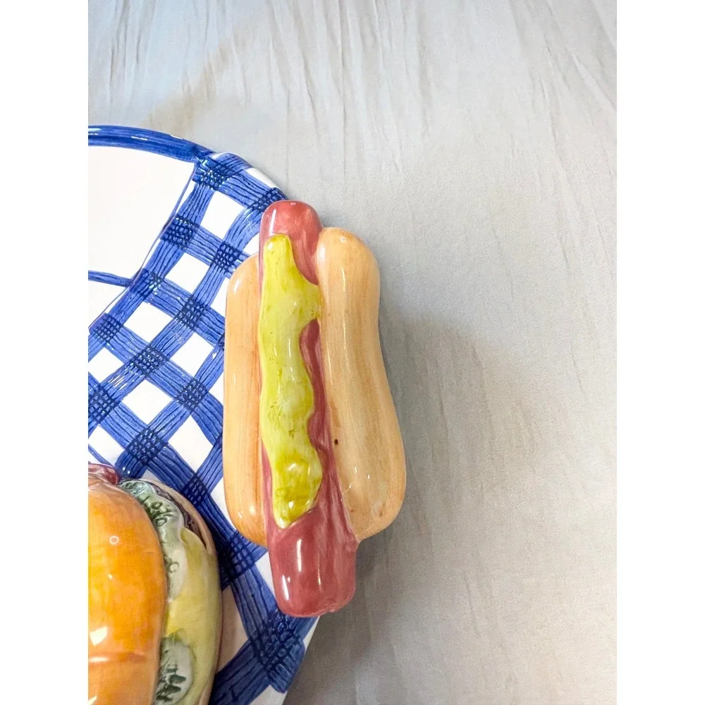 Vtg 90s lotus Ceramic BBQ Picnic Platter & Napkin Holder Set  Hot Dog hamburger